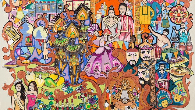 2024-02-03----filipino-1---mga-pagdiriwang-640x361 "Mga Pagdiriwang" ("Festivals"/"Fiestas") – original art in acrylic by Reuben Laurente, cropped